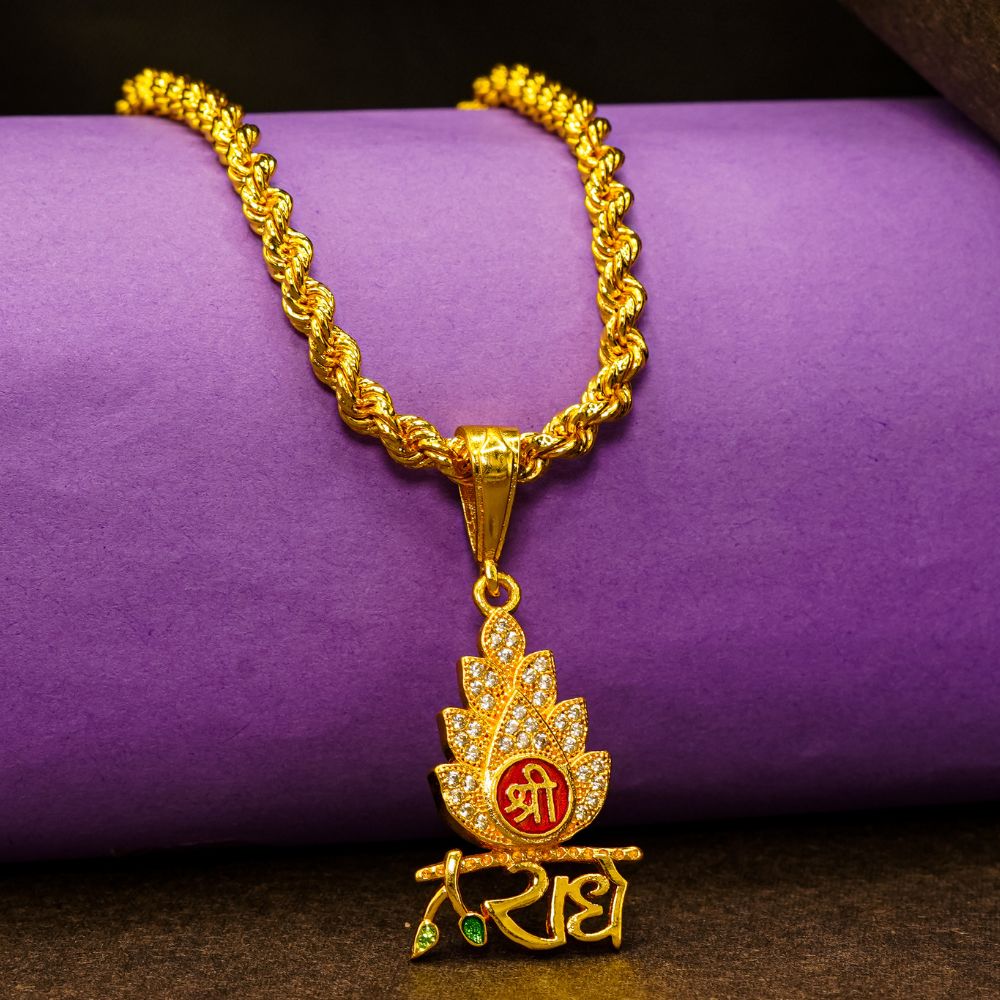 Shree Radhe Leaf Design Gold Plated Pendant with Diamonds ✨ - Premium Quality Locket for Men